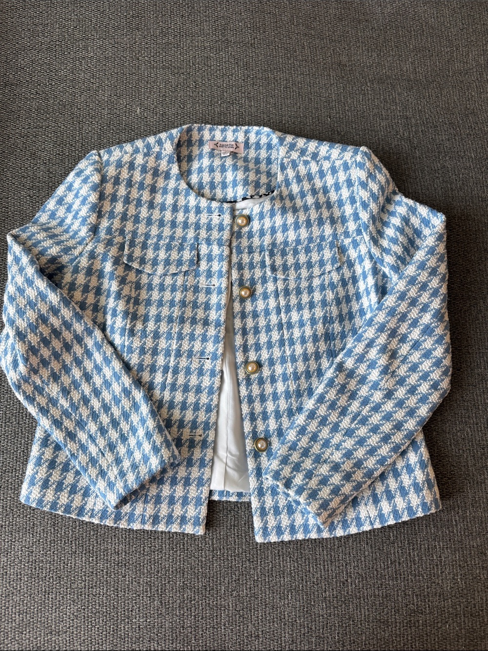 Nanette Lepore Blue Houndstooth Tweed Jacket Pearl Button Quiet Luxury